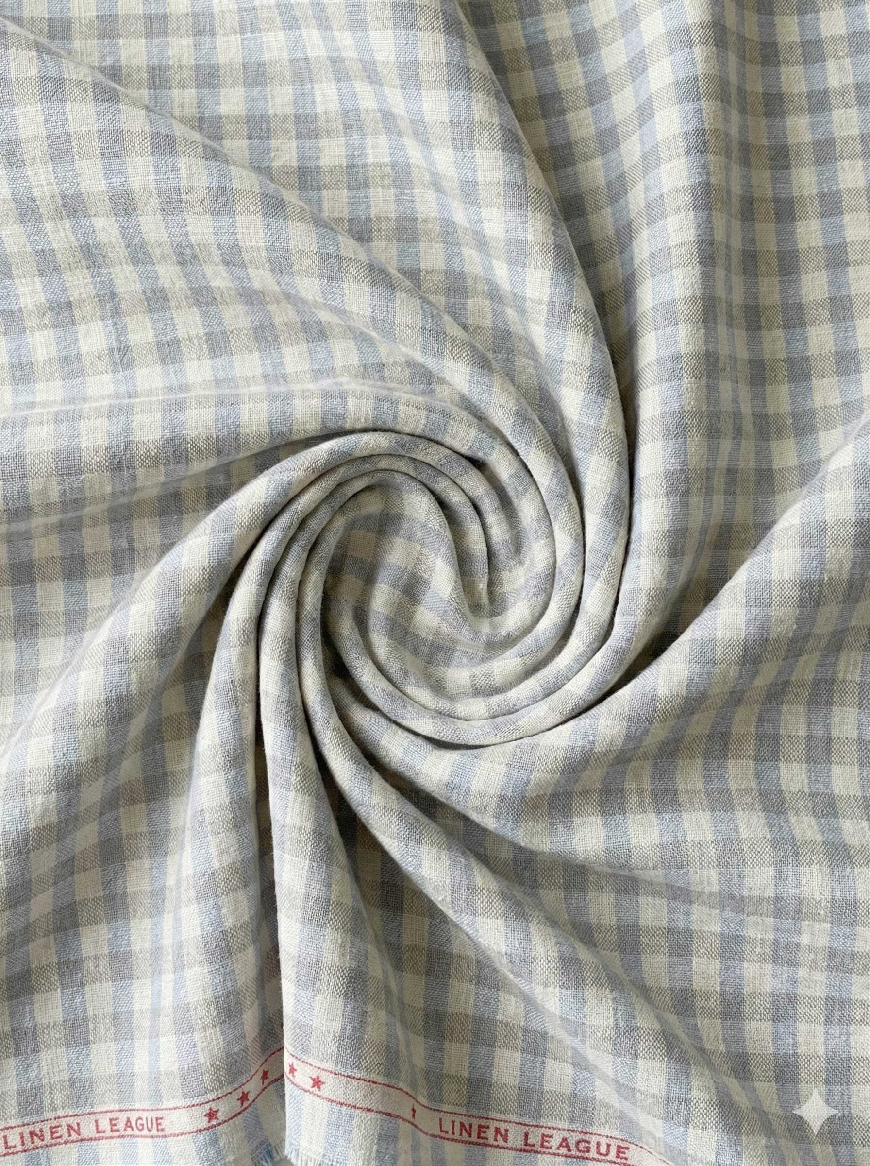 Blue, White & Grey Checks 100% Pure linen Fabric 60 Lea (0% Cotton)