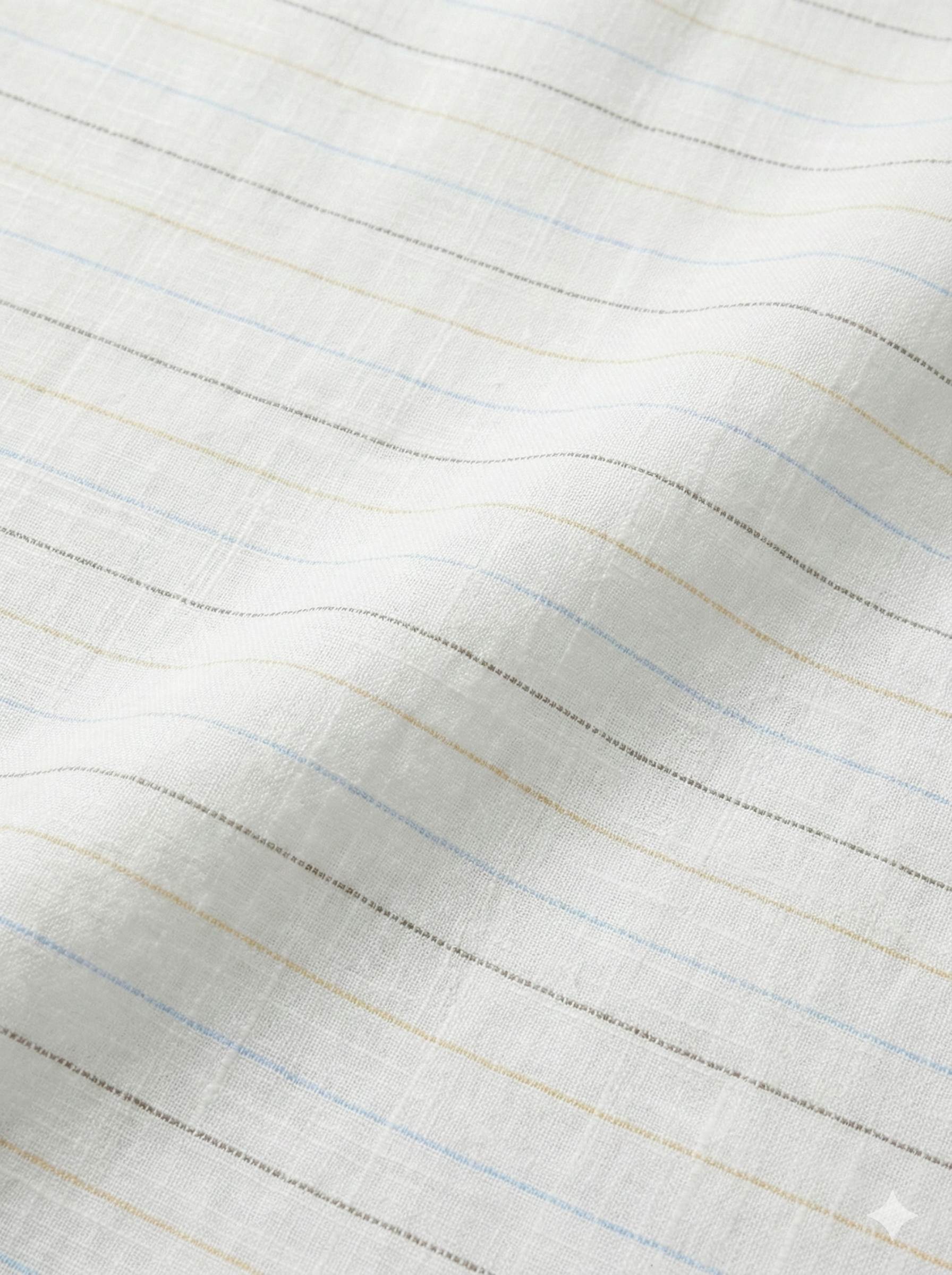 Off white Cotton Linen Fabric with Sky Blue, Mustard Yellow & Brown Horizontal Lines (60 lea)