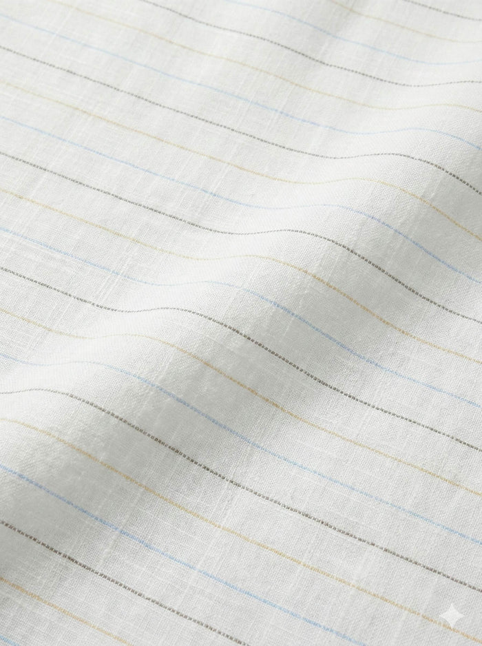 Off white Cotton Linen Fabric with Sky Blue, Mustard Yellow & Brown Horizontal Lines (60 lea)