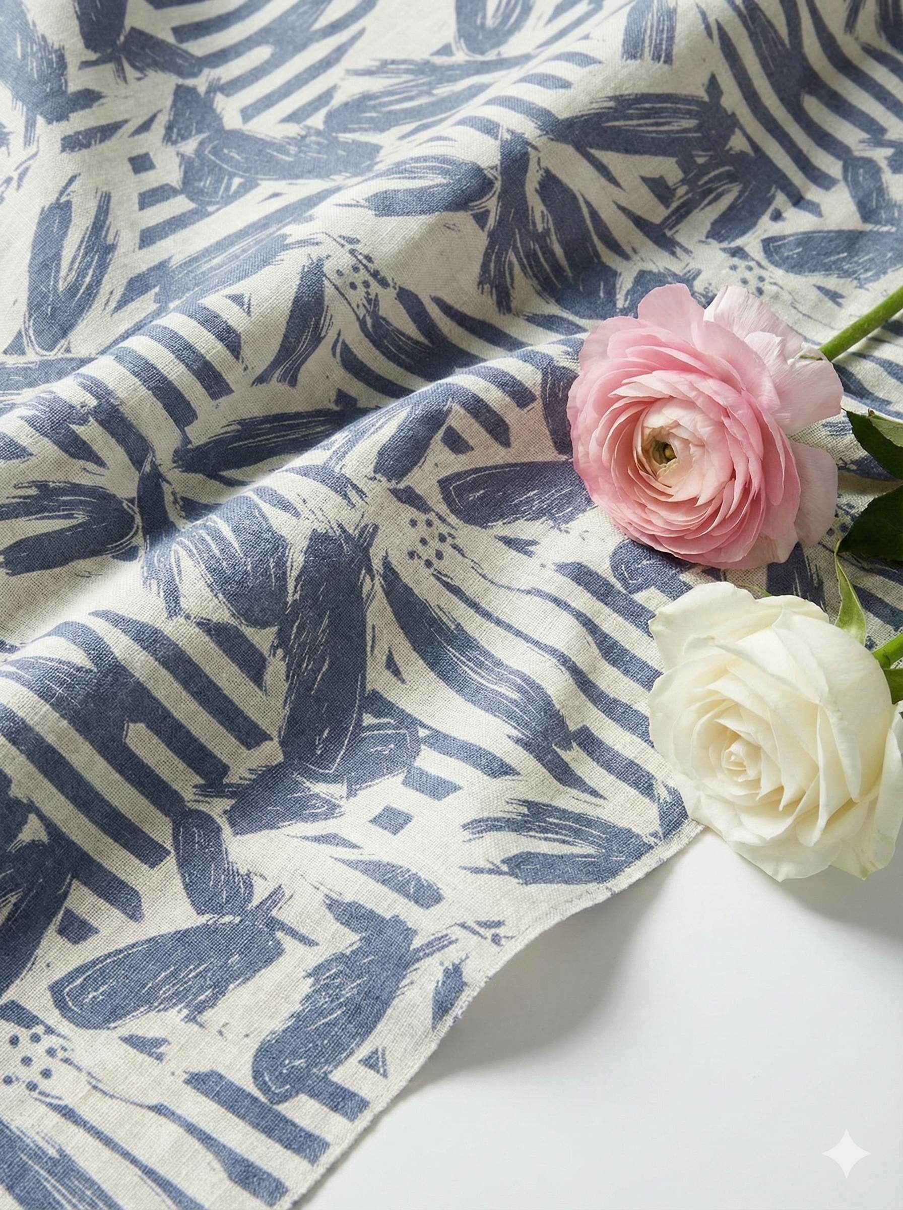 Off White & Grey Digital Printed 100% Pure Natural Linen Fabric (0% Cotton)