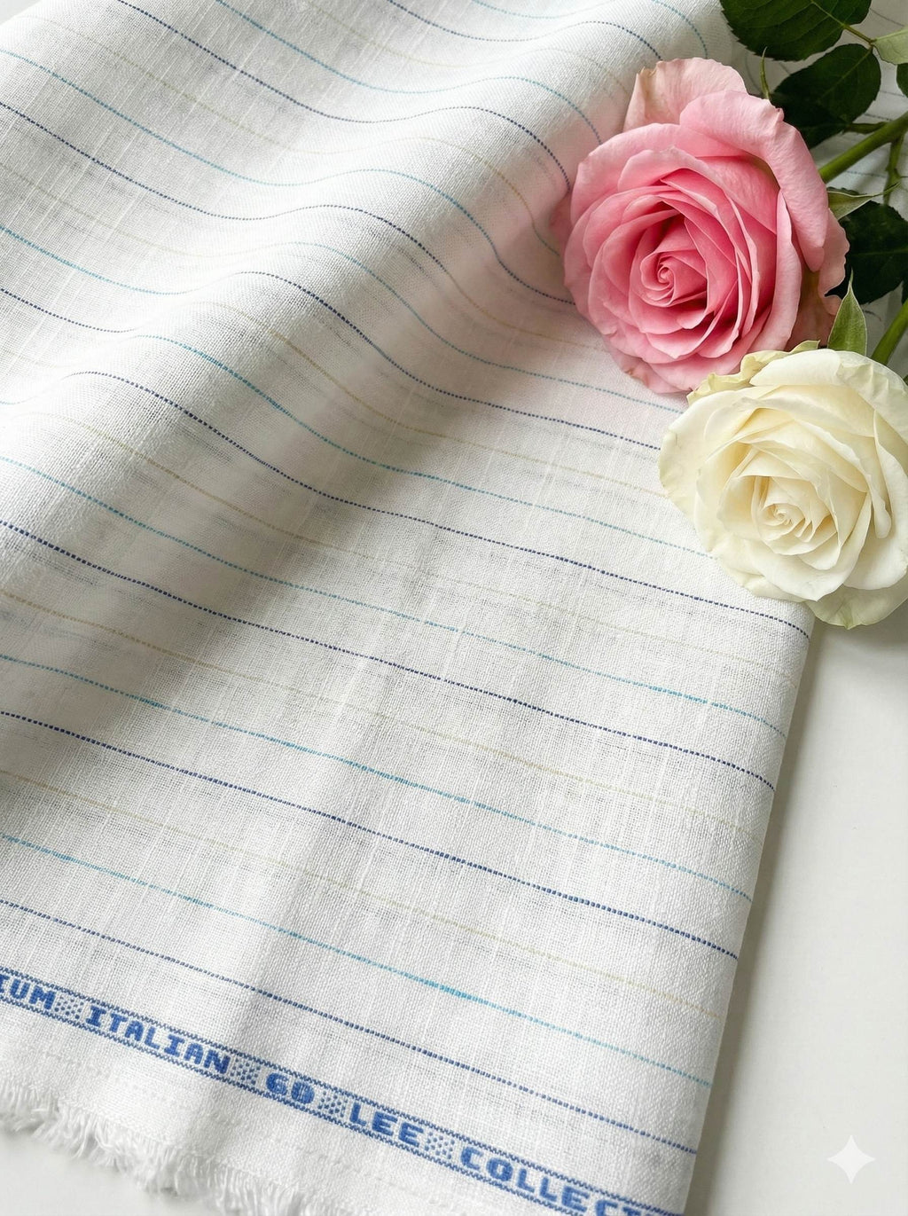 Off white Cotton Linen Fabric with Dark Blue, Sky Blue & Light Mustard Yellow Horizontal Lines (60 lea)