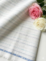 Off white Cotton Linen Fabric with Dark Blue, Sky Blue & Light Mustard Yellow Horizontal Lines (60 lea)