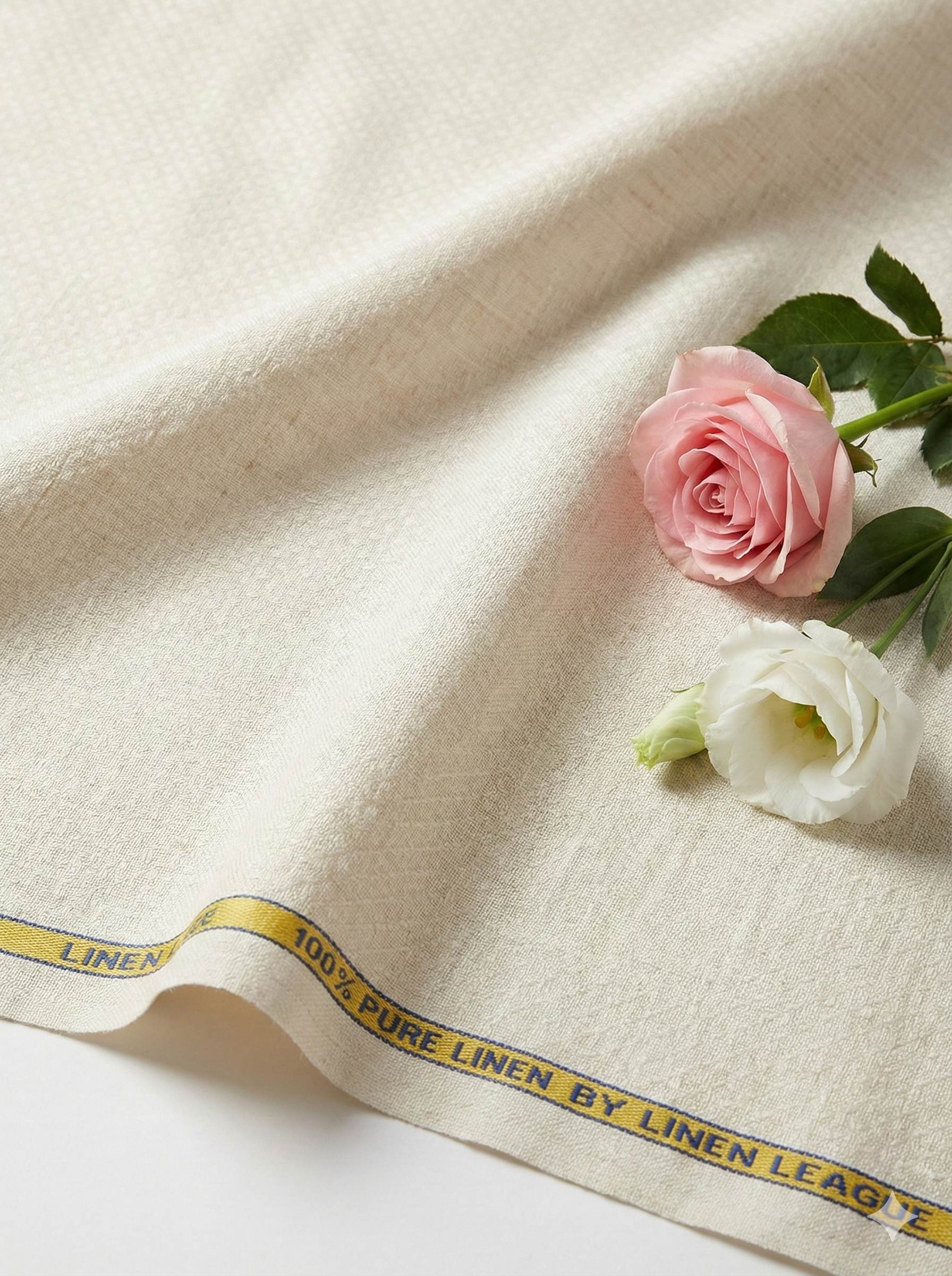 Beige Self Weaved Rhombus Shaped Motifs 100% Pure Linen Fabric (0% Cotton)