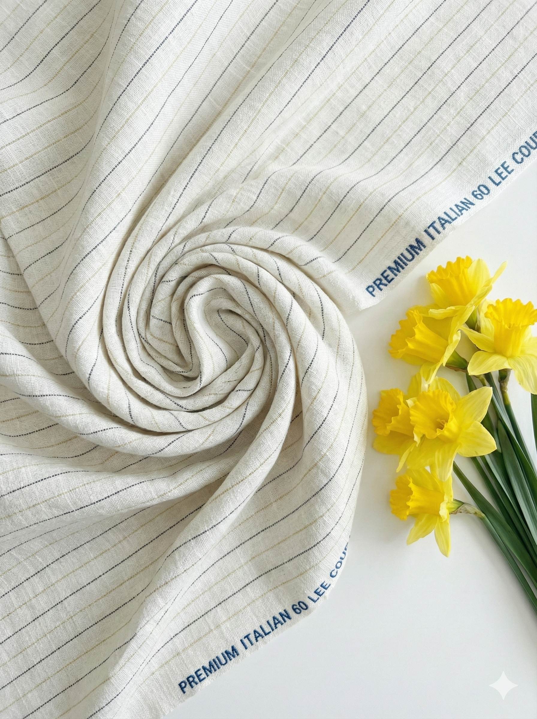 Off white Cotton Linen Fabric with Blue & Mustard Yellow Horizontal Lines (60 lea)