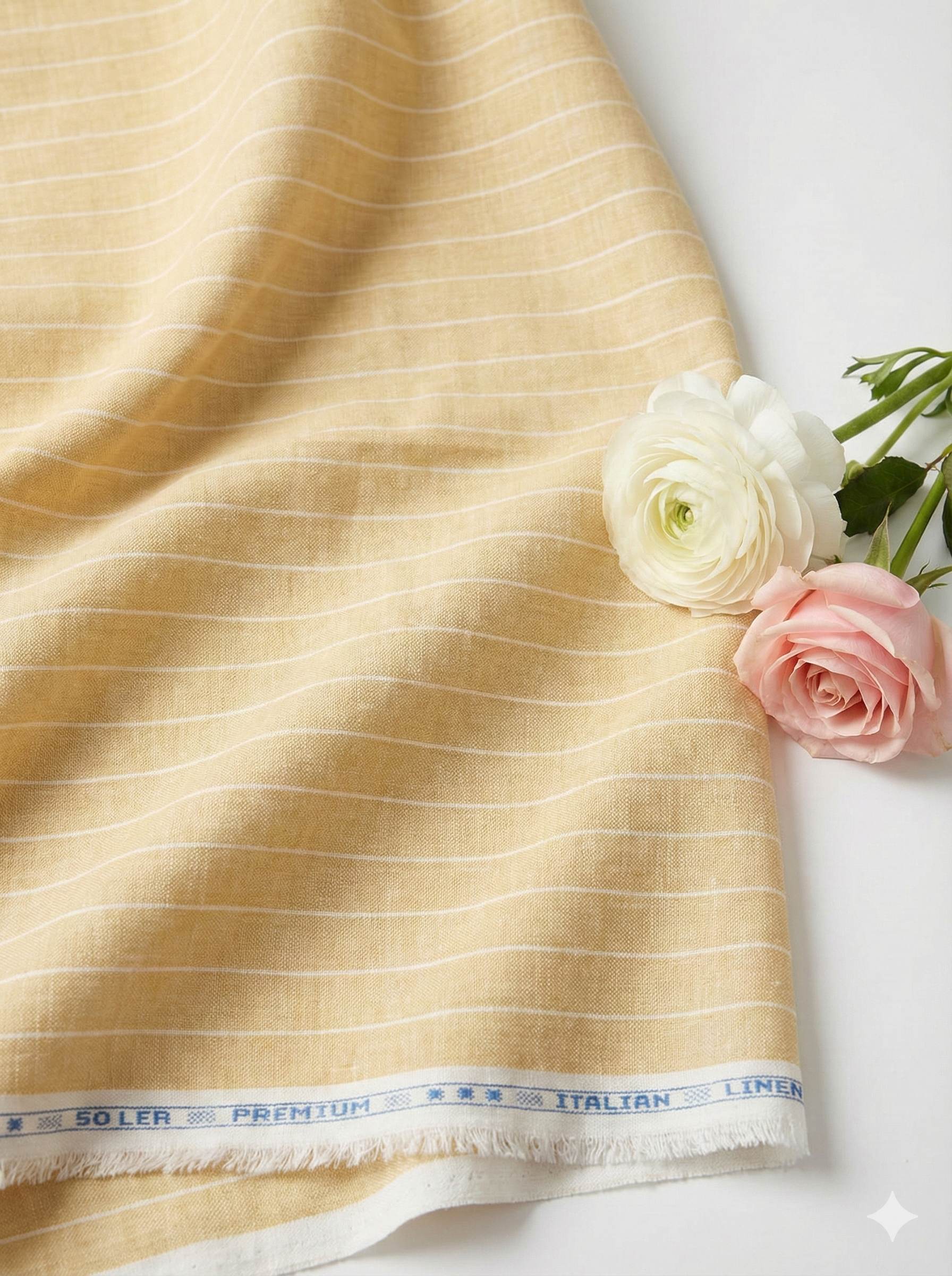 Light Mustard Premium Cotton Linen Fabric with Thin White Horizontal Lines (60 lea)