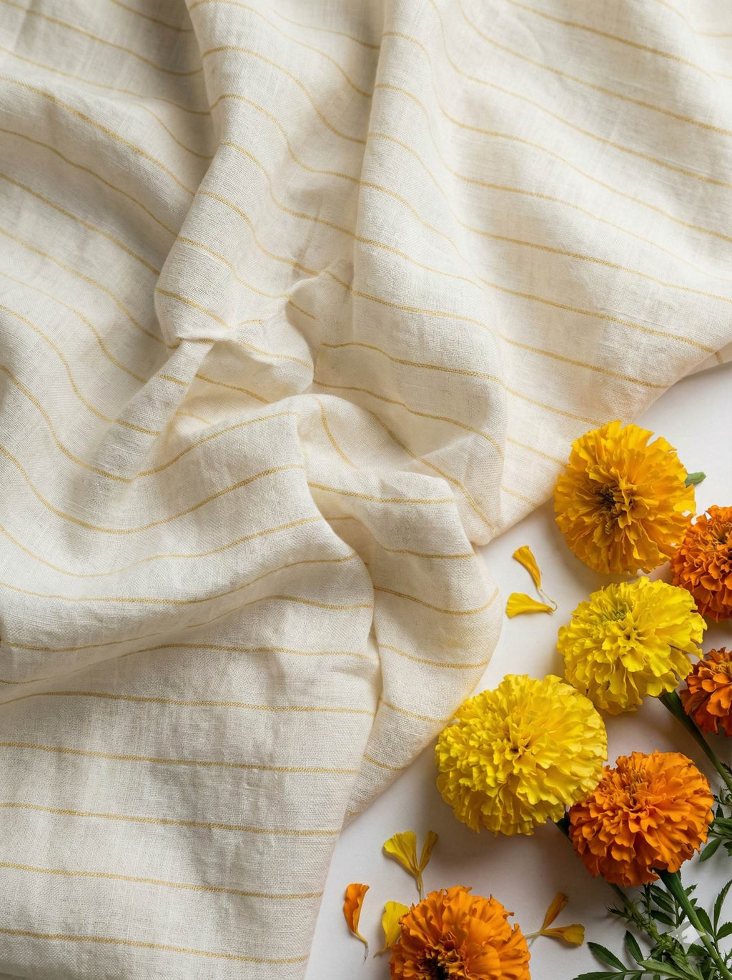 White cotton Linen with beige Thin stripes