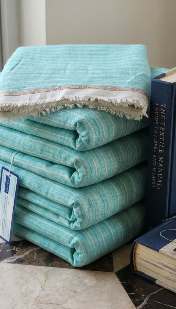 Seafoam Green with Blue and cream stripes 100% Pure Linen (No cotton)
