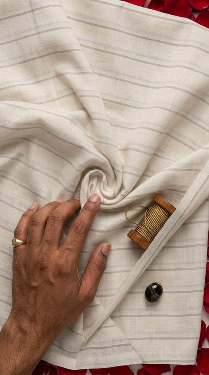 Off-White & Earth-Tone Striped Cotton-Linen 60 Lea Fabric