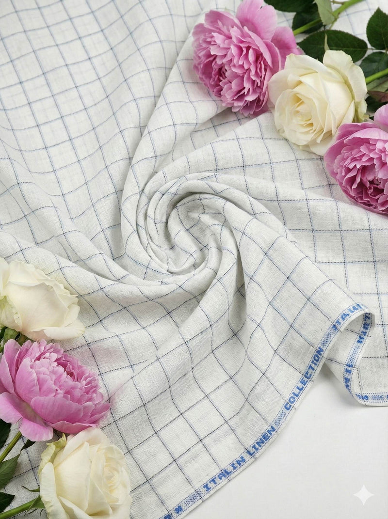 Off white Cotton Linen Fabric with Blue & Black Checks (60 lea)