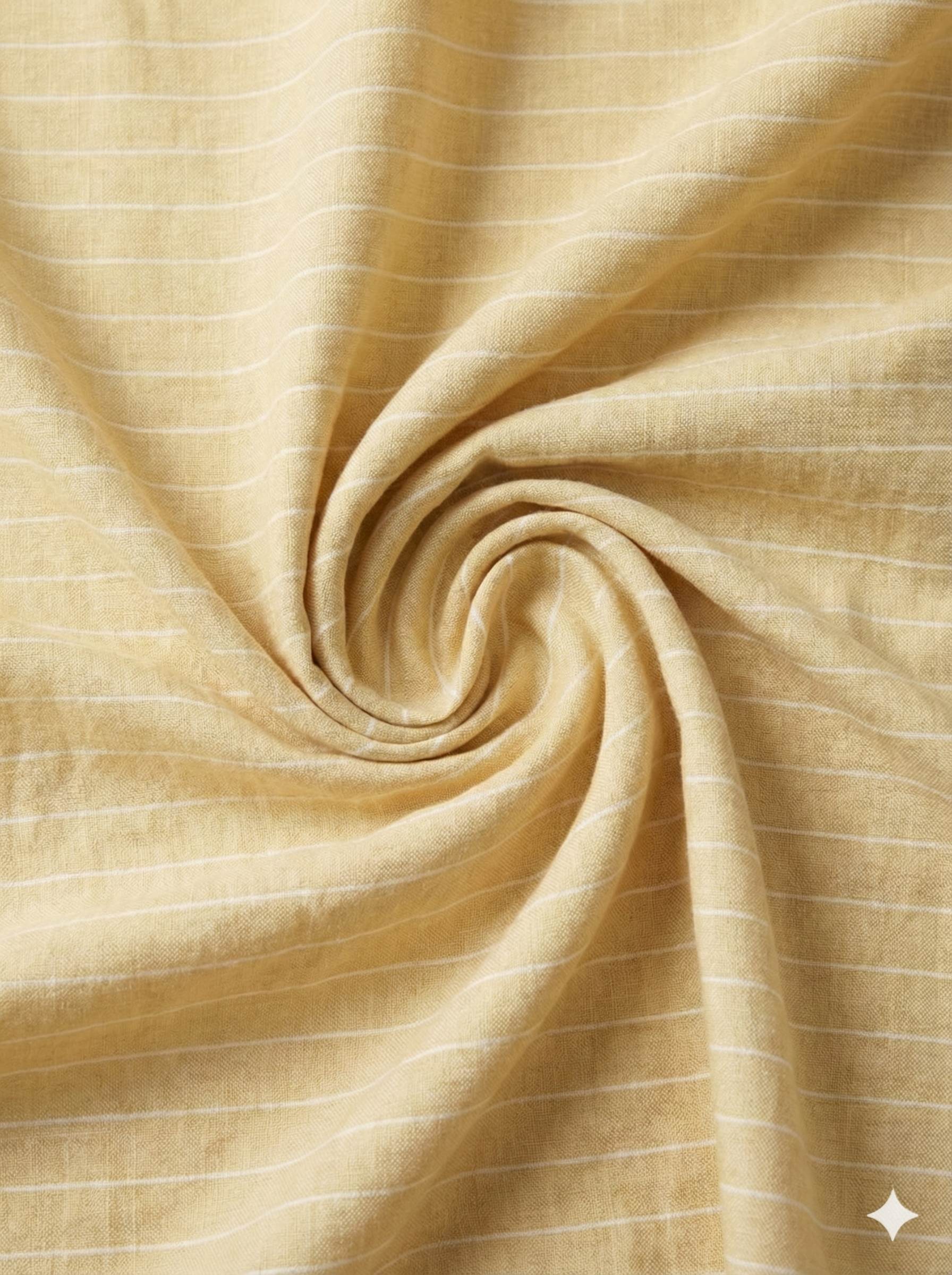 Light Mustard Premium Cotton Linen Fabric with Thin White Horizontal Lines (60 lea)