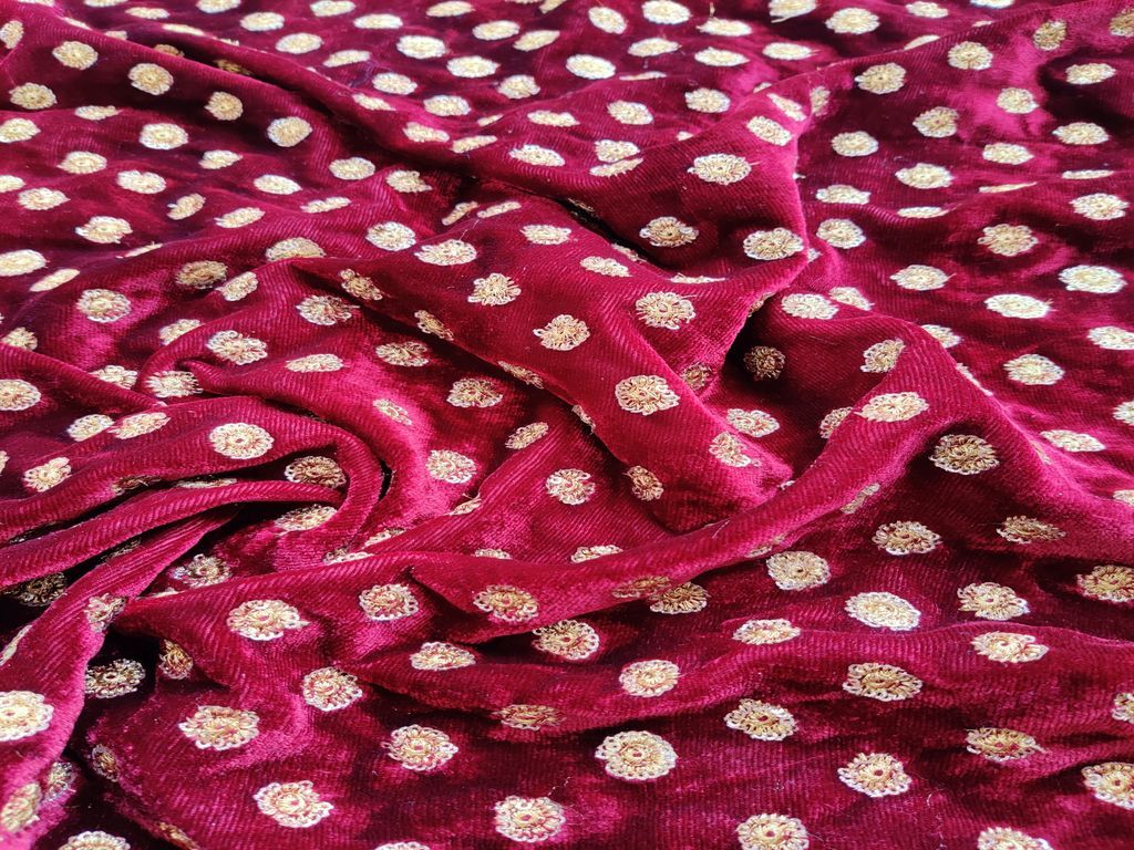 Maroon Golden Sequinned Flowers Embroidered Velvet Fabric