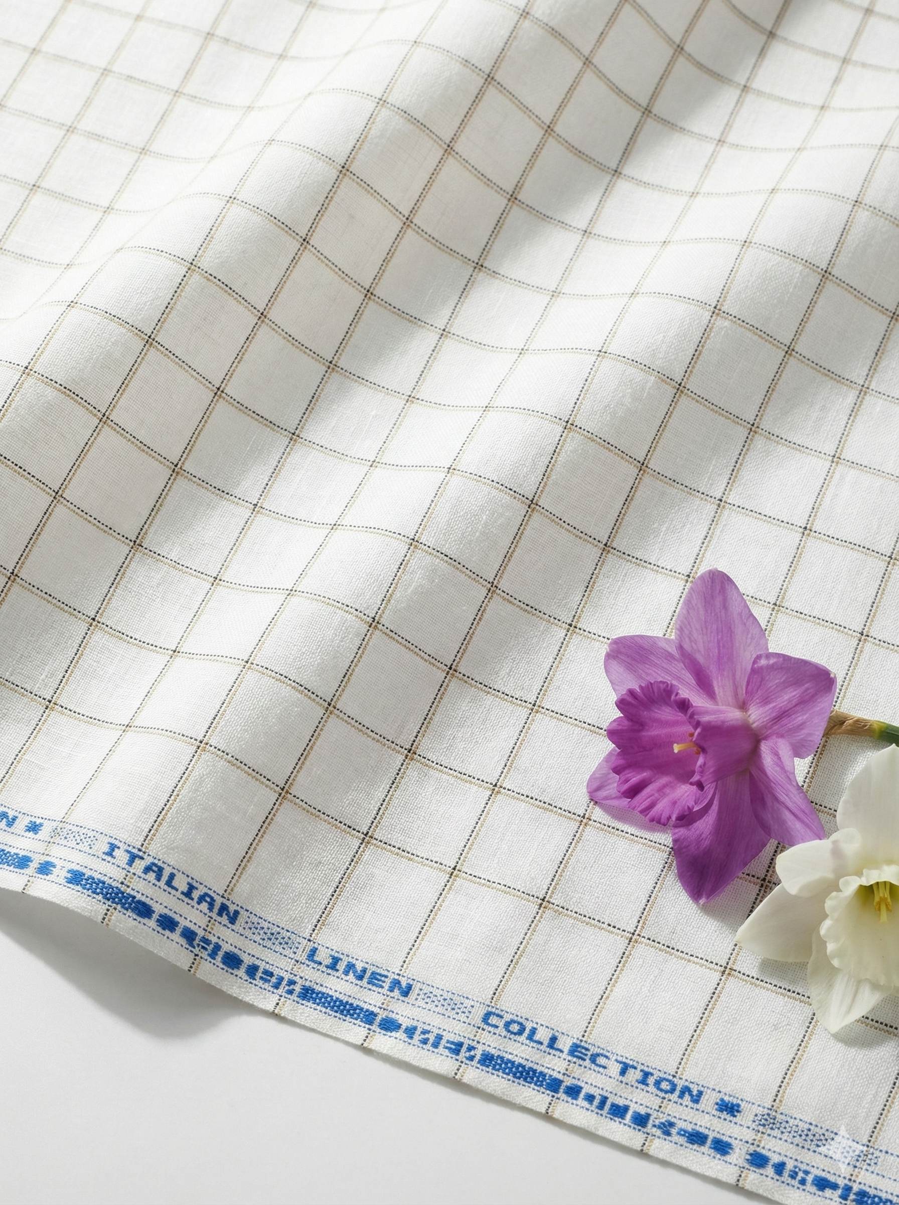 Off white Cotton Linen Fabric with Mustard & Black Checks (60 lea)