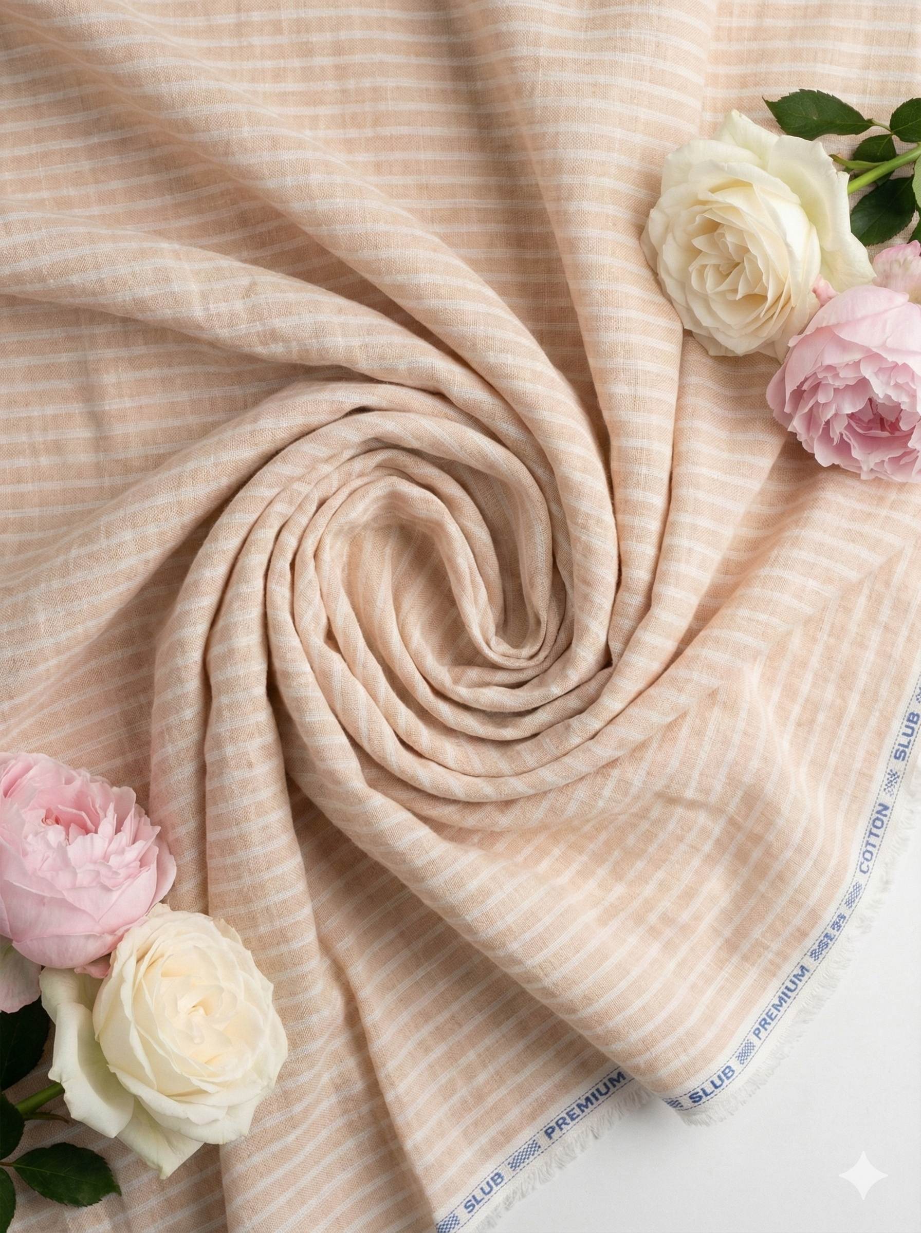 Peach Premium Cotton Linen Fabric with Broad White Horizontal Stripes (60 lea)