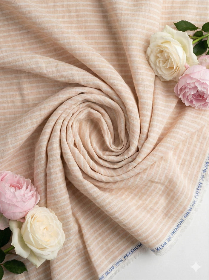 Peach Premium Cotton Linen Fabric with Broad White Horizontal Stripes (60 lea)