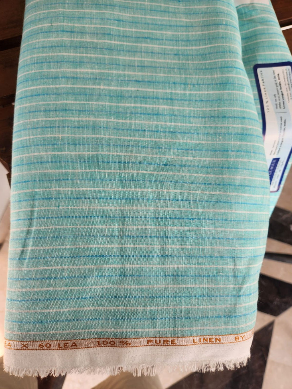 Seafoam Green with Blue and cream stripes 100% Pure Linen (No cotton)
