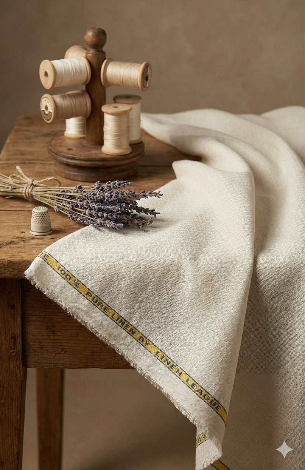 Beige Self Weaved Rhombus Shaped Motifs 100% Pure Linen Fabric (0% Cotton)