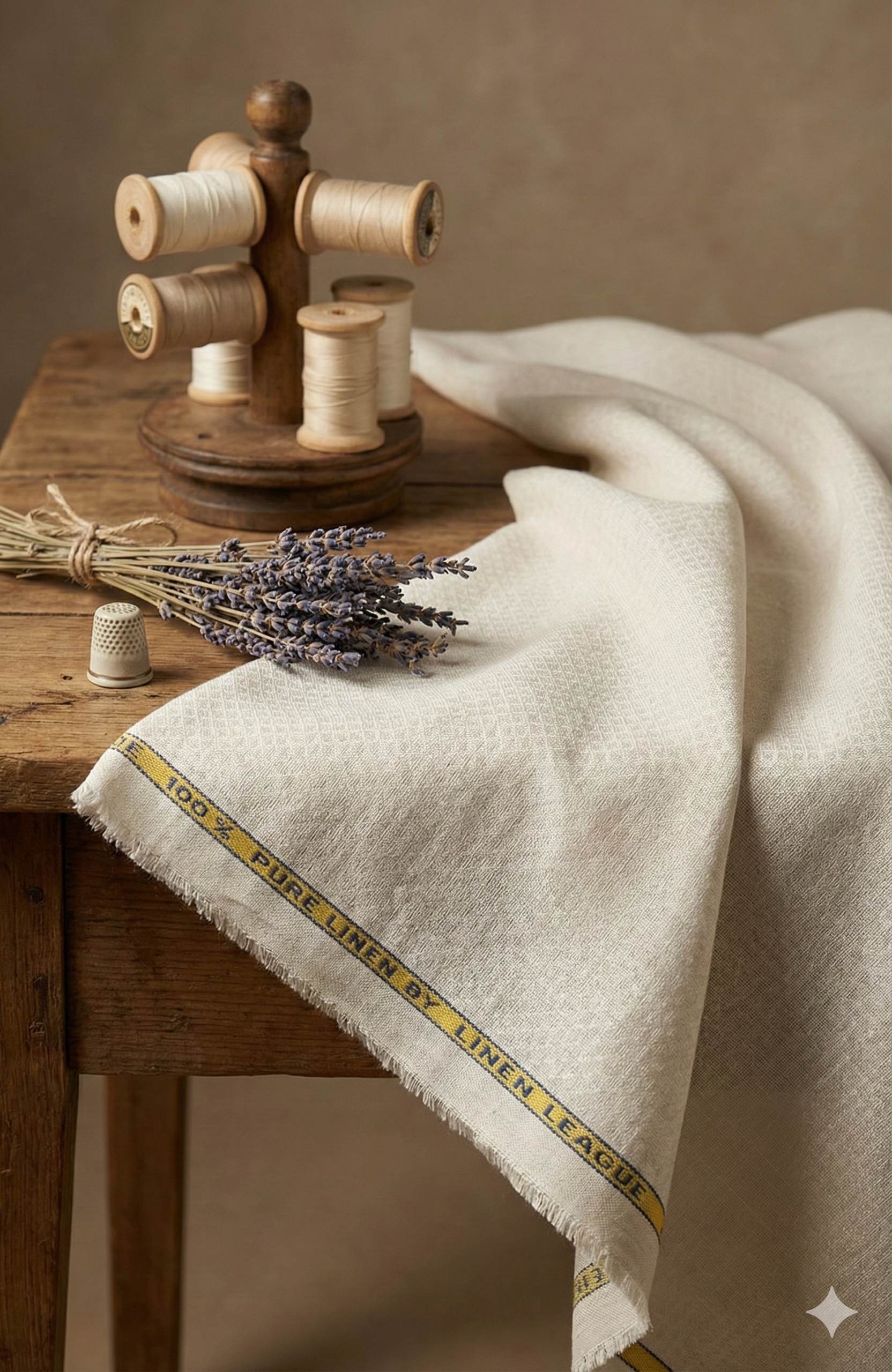 Beige Self Weaved Rhombus Shaped Motifs 100% Pure Linen Fabric (0% Cotton)