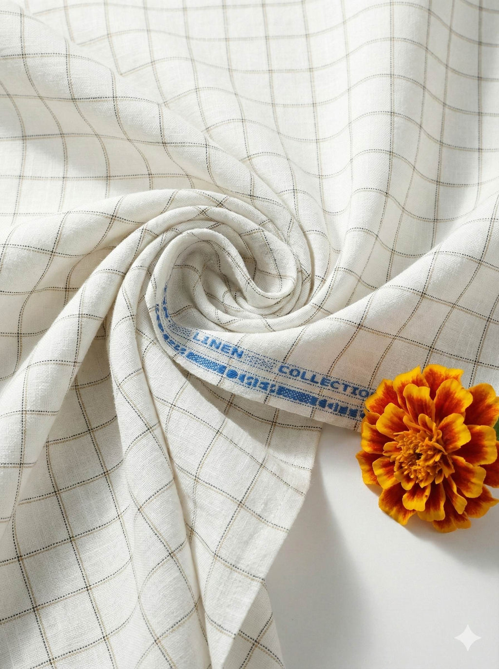 Off white Cotton Linen Fabric with Mustard & Black Checks (60 lea)