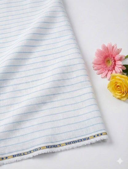 Premium White Cotton Linen Fabric with Blue Horizontal Lines (60 lea)