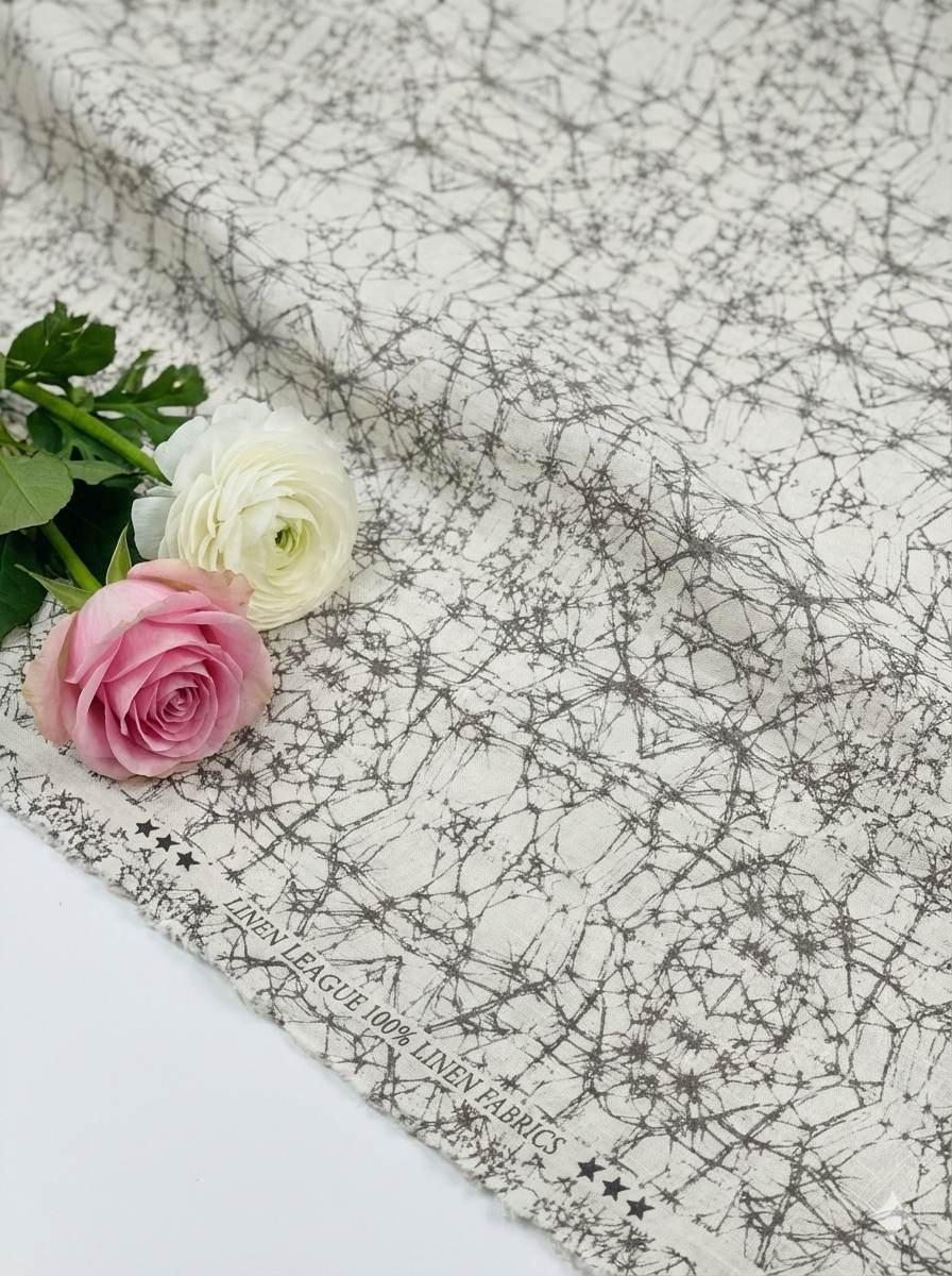 Greyish Blue Digital printed Off White 100% Pure Linen Fabric (0% Cotton)