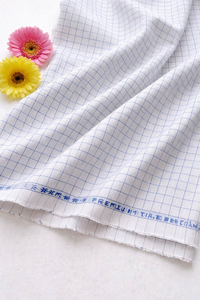 White Cotton Linen Fabric with Blue checks (60 lea)