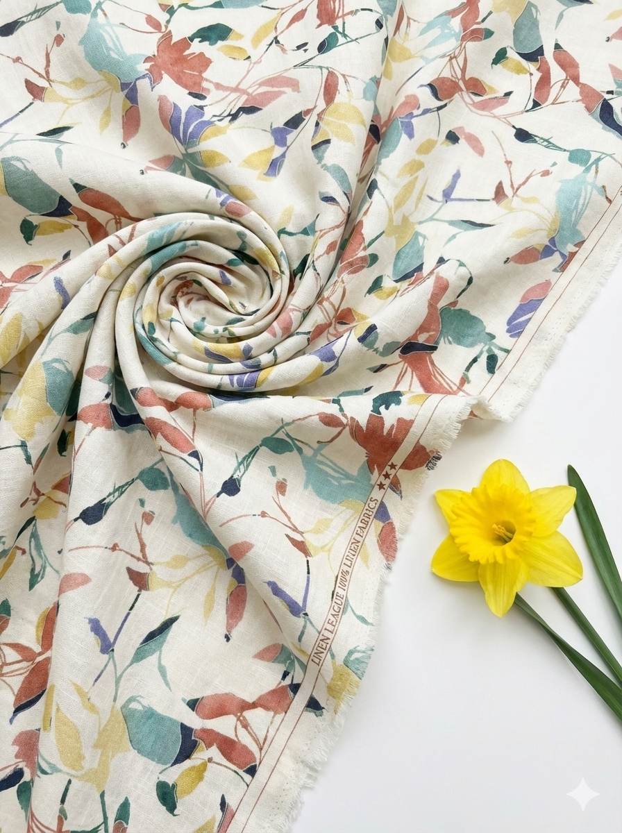 Off white Digital Printed 100% Pure Natural Linen Fabric (0% Cotton)