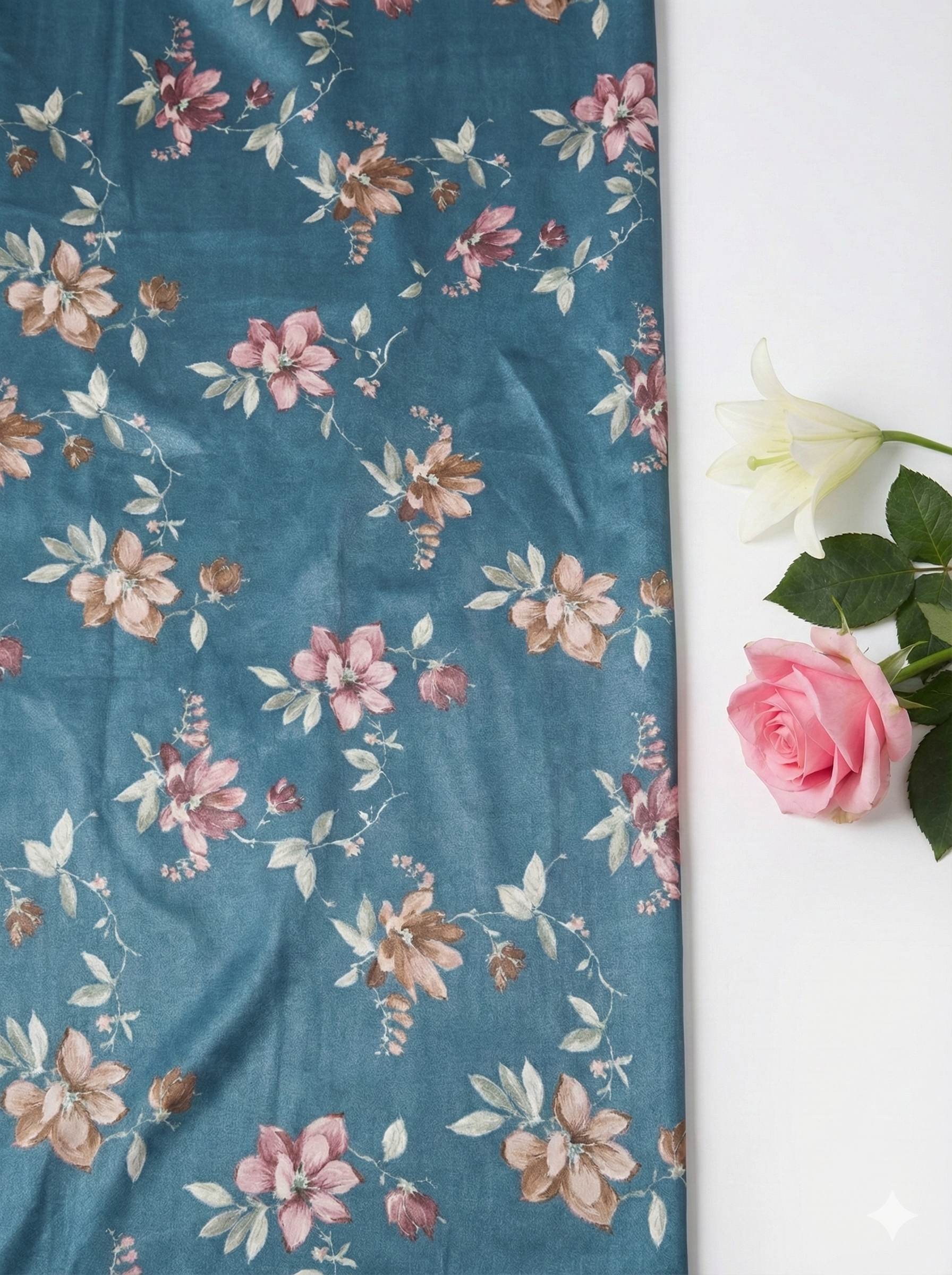 Dark blue Glossy Floral print Pure cotton Fabric