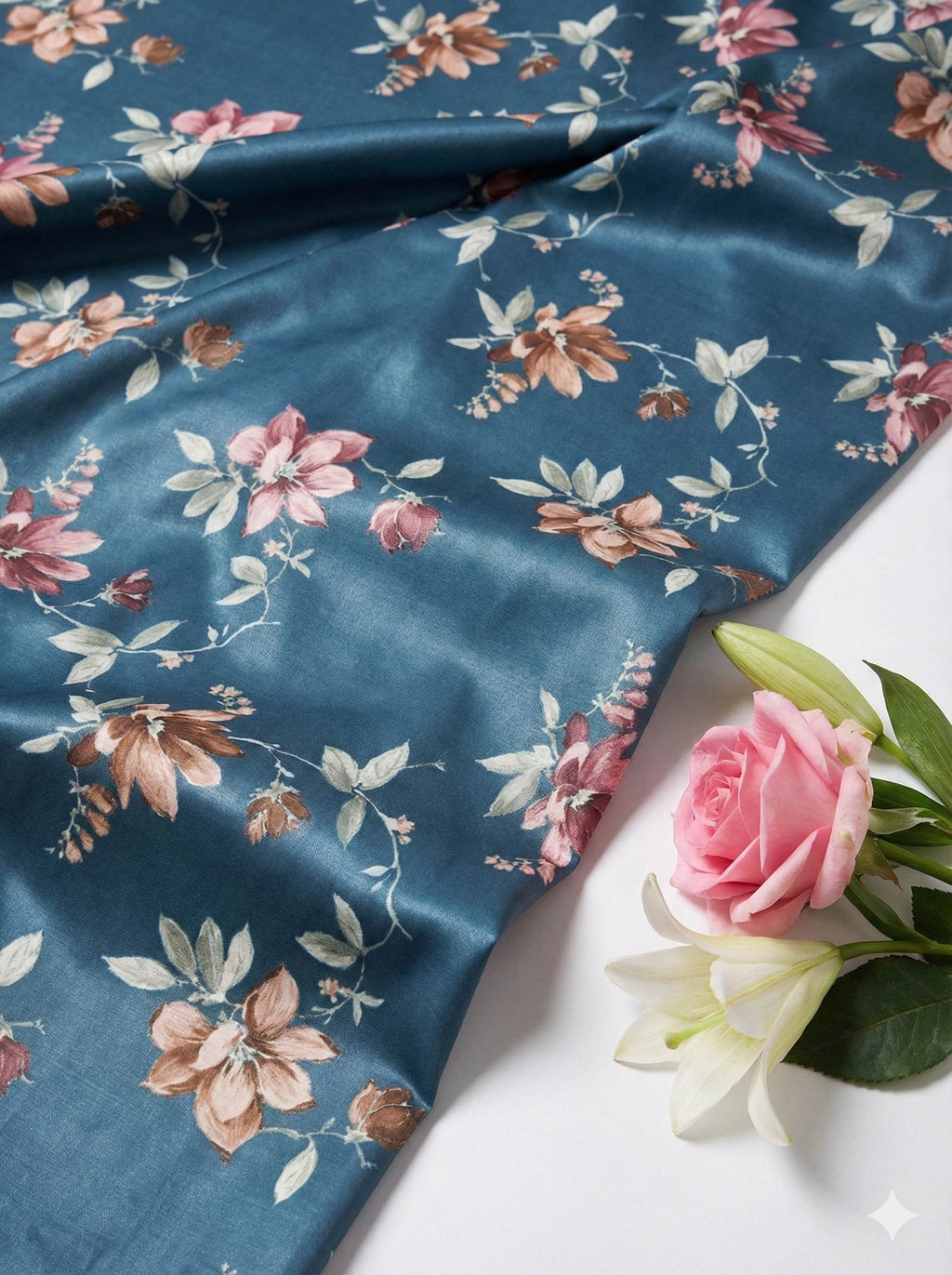 Dark blue Glossy Floral print Pure cotton Fabric