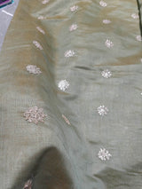 Golden Glitter Thread Embroidered Motifs on Olive Green Chanderi Silk Fabric