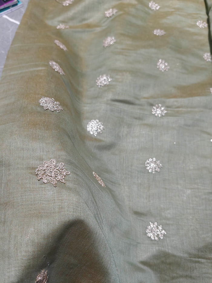 Golden Glitter Thread Embroidered Motifs on Olive Green Chanderi Silk Fabric