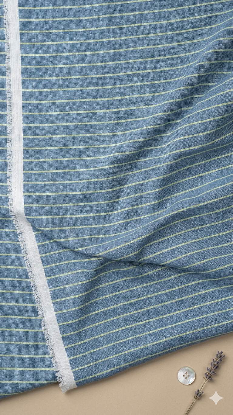 Indigo & Lime Textured Stripes Premium Cotton Linen Fabric