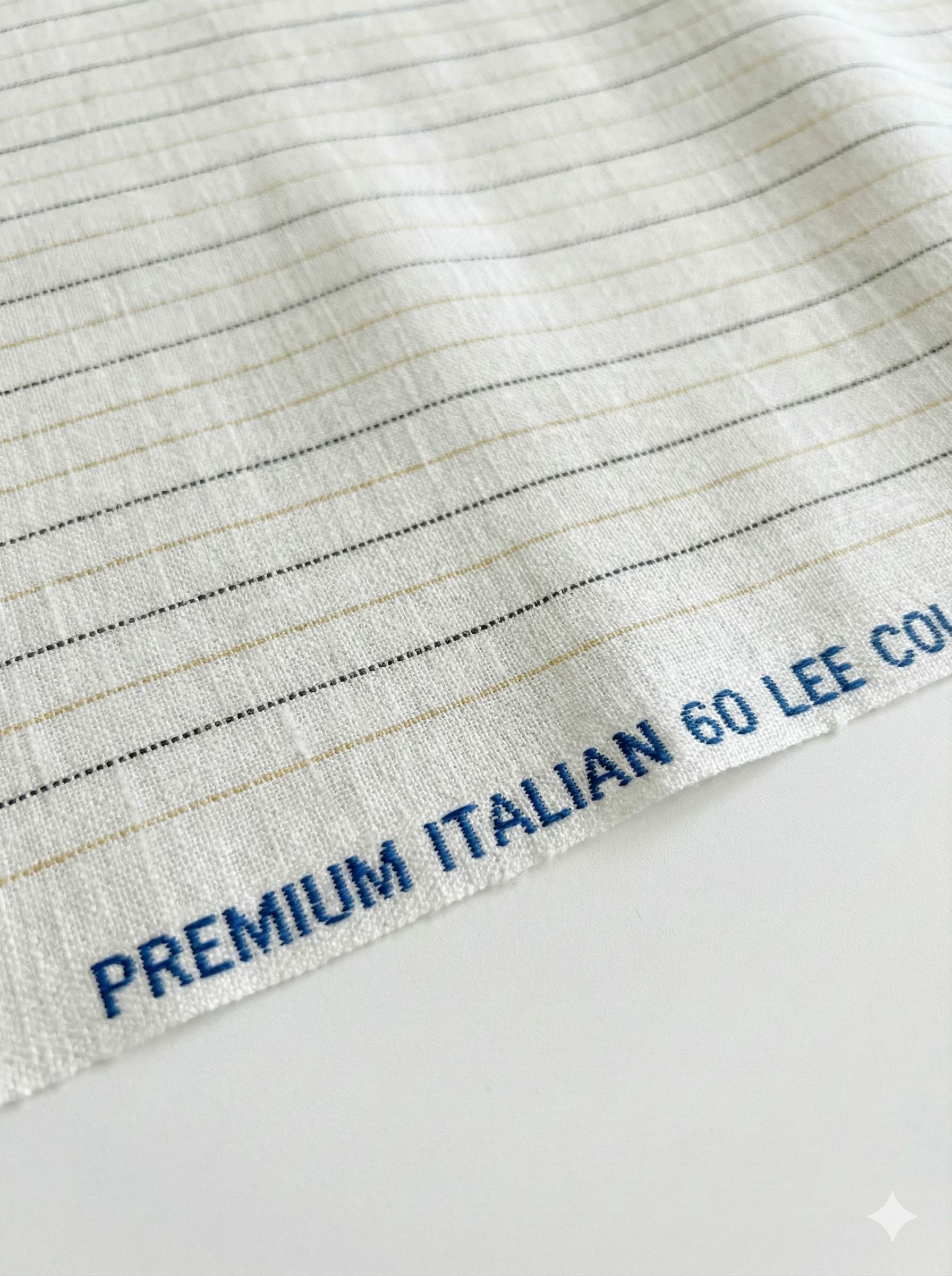 Off white Cotton Linen Fabric with Blue & Mustard Yellow Horizontal Lines (60 lea)