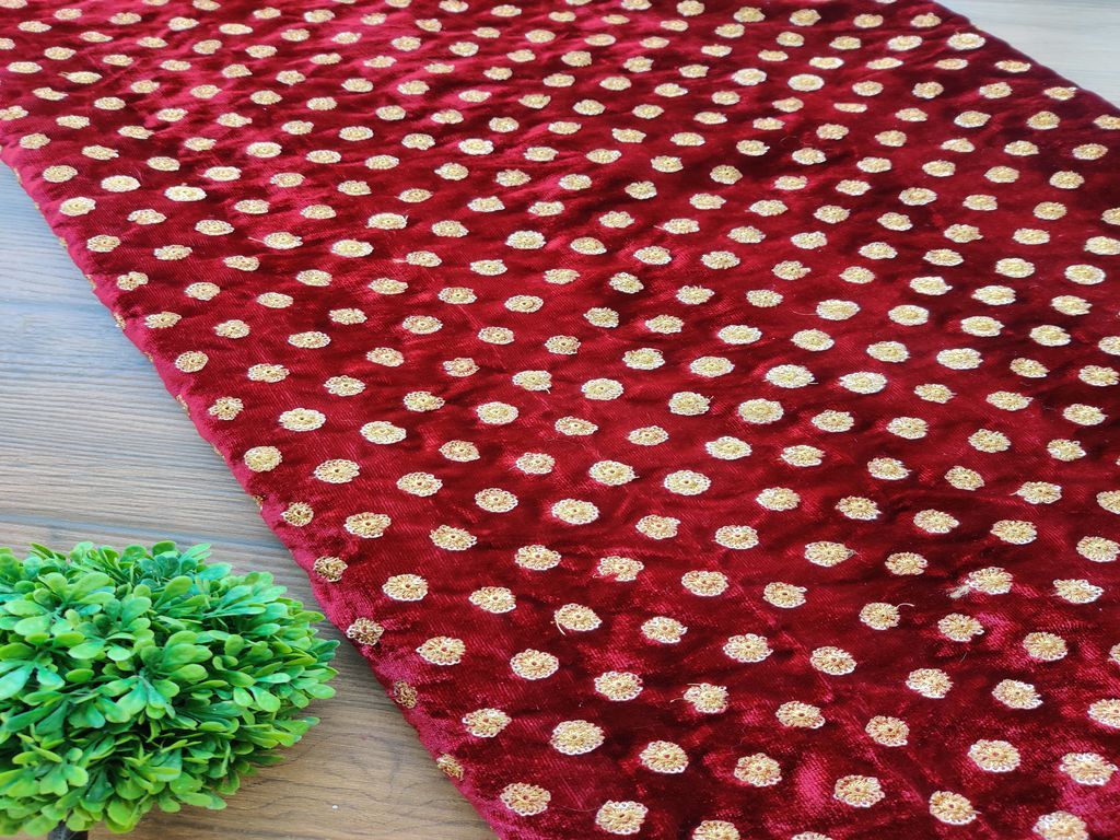 Maroon Golden Sequinned Flowers Embroidered Velvet Fabric