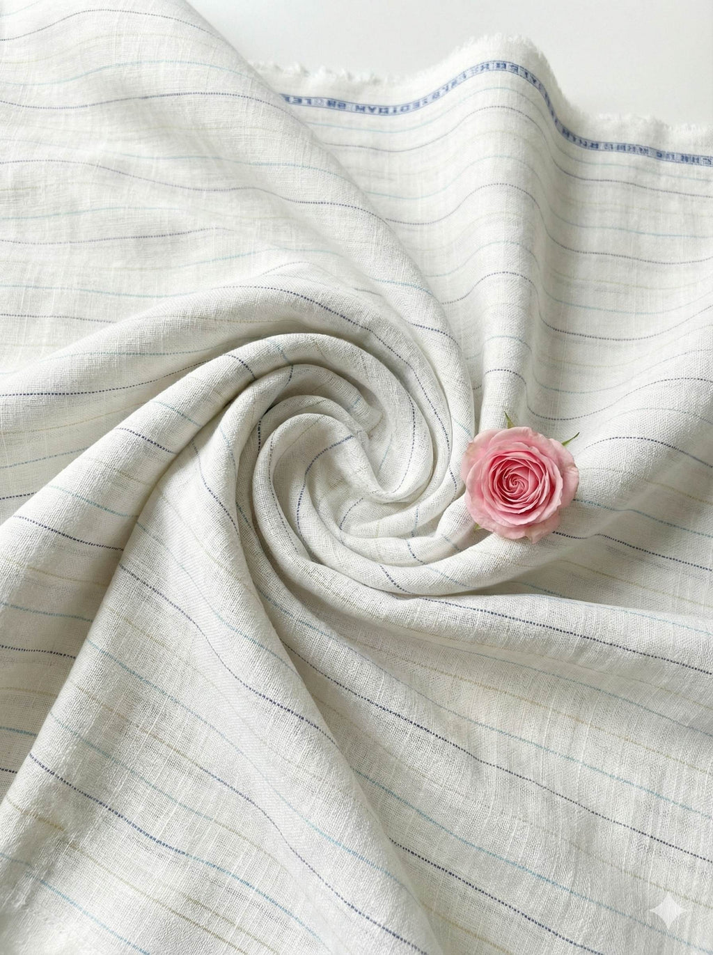 Off white Cotton Linen Fabric with Dark Blue, Sky Blue & Light Mustard Yellow Horizontal Lines (60 lea)