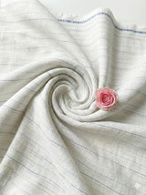 Off white Cotton Linen Fabric with Dark Blue, Sky Blue & Light Mustard Yellow Horizontal Lines (60 lea)