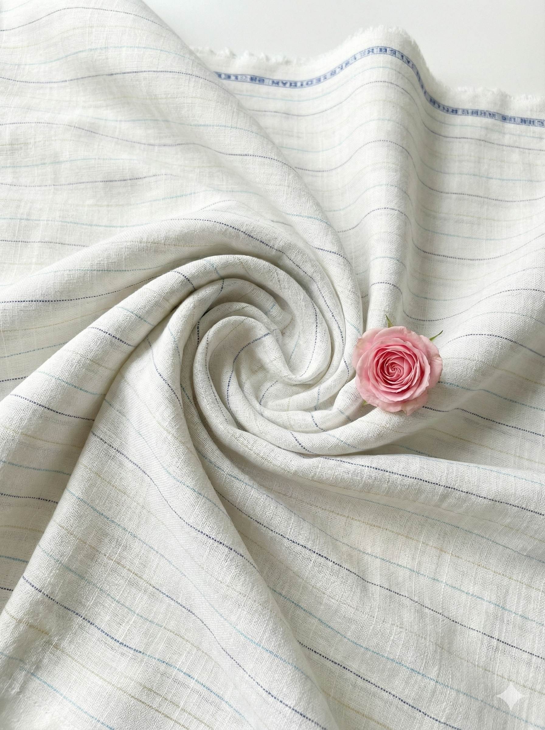 Off white Cotton Linen Fabric with Dark Blue, Sky Blue & Light Mustard Yellow Horizontal Lines (60 lea)