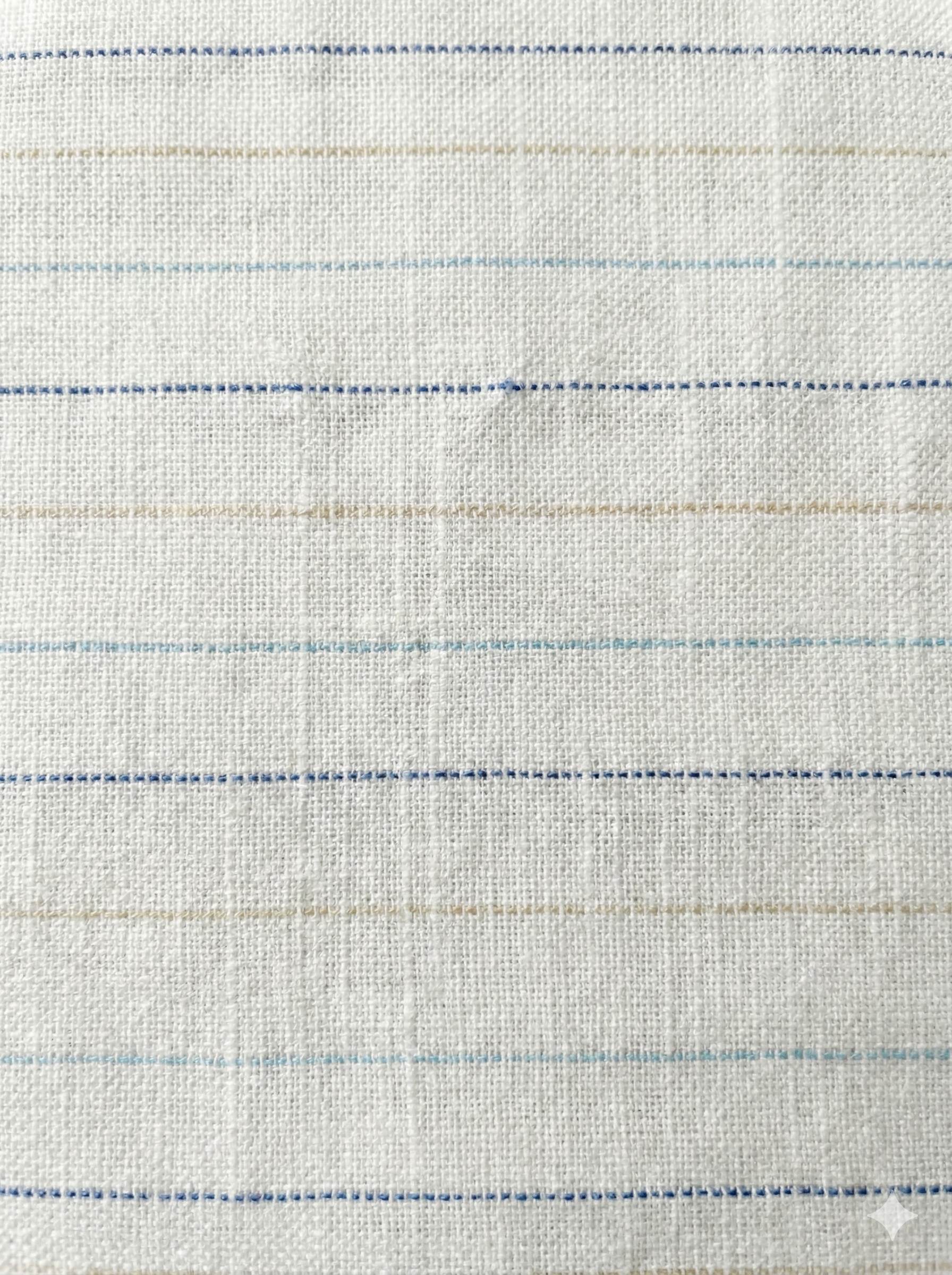 Off white Cotton Linen Fabric with Dark Blue, Sky Blue & Light Mustard Yellow Horizontal Lines (60 lea)