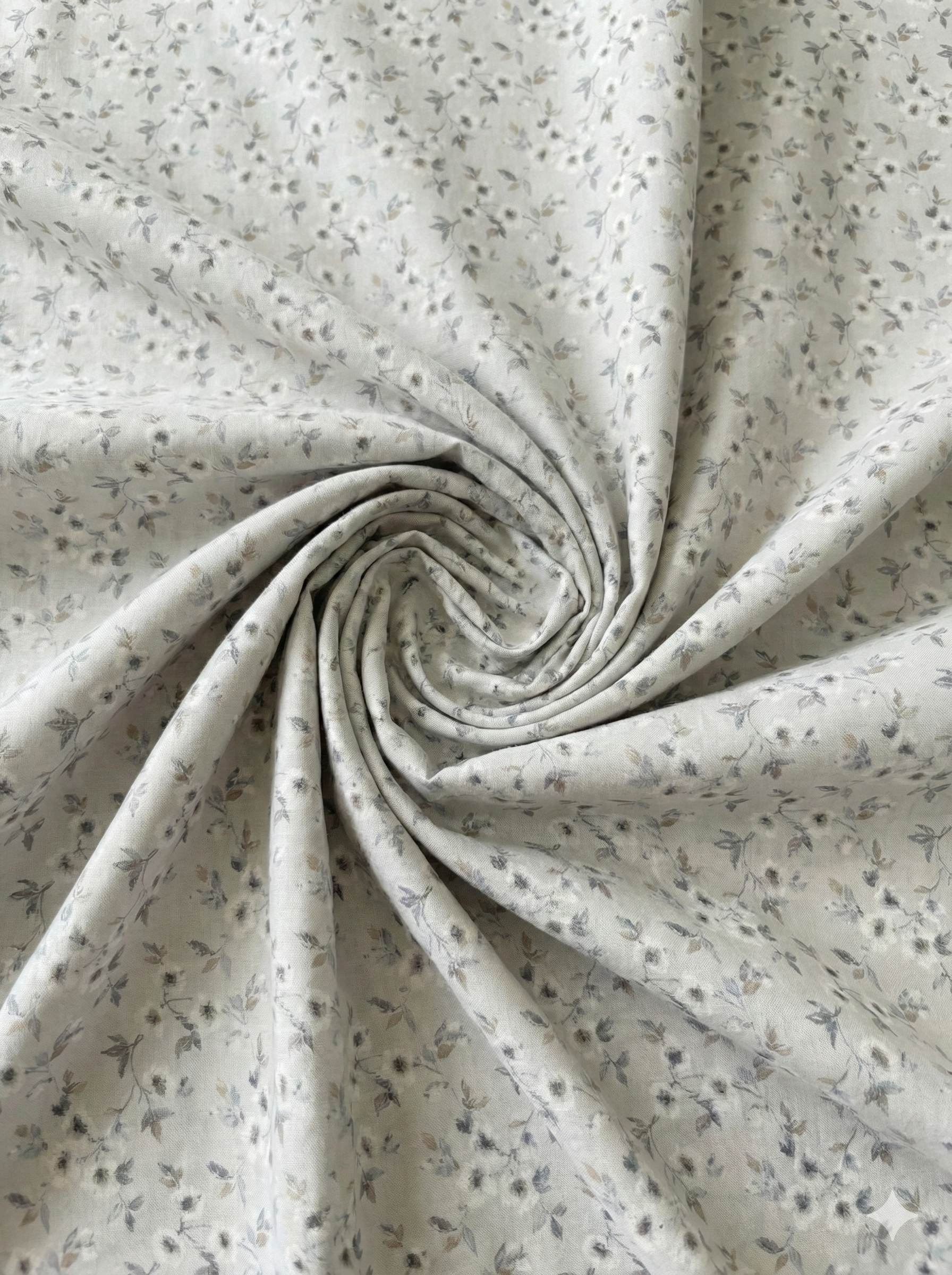 White Glossy Floral print pure cotton Fabric