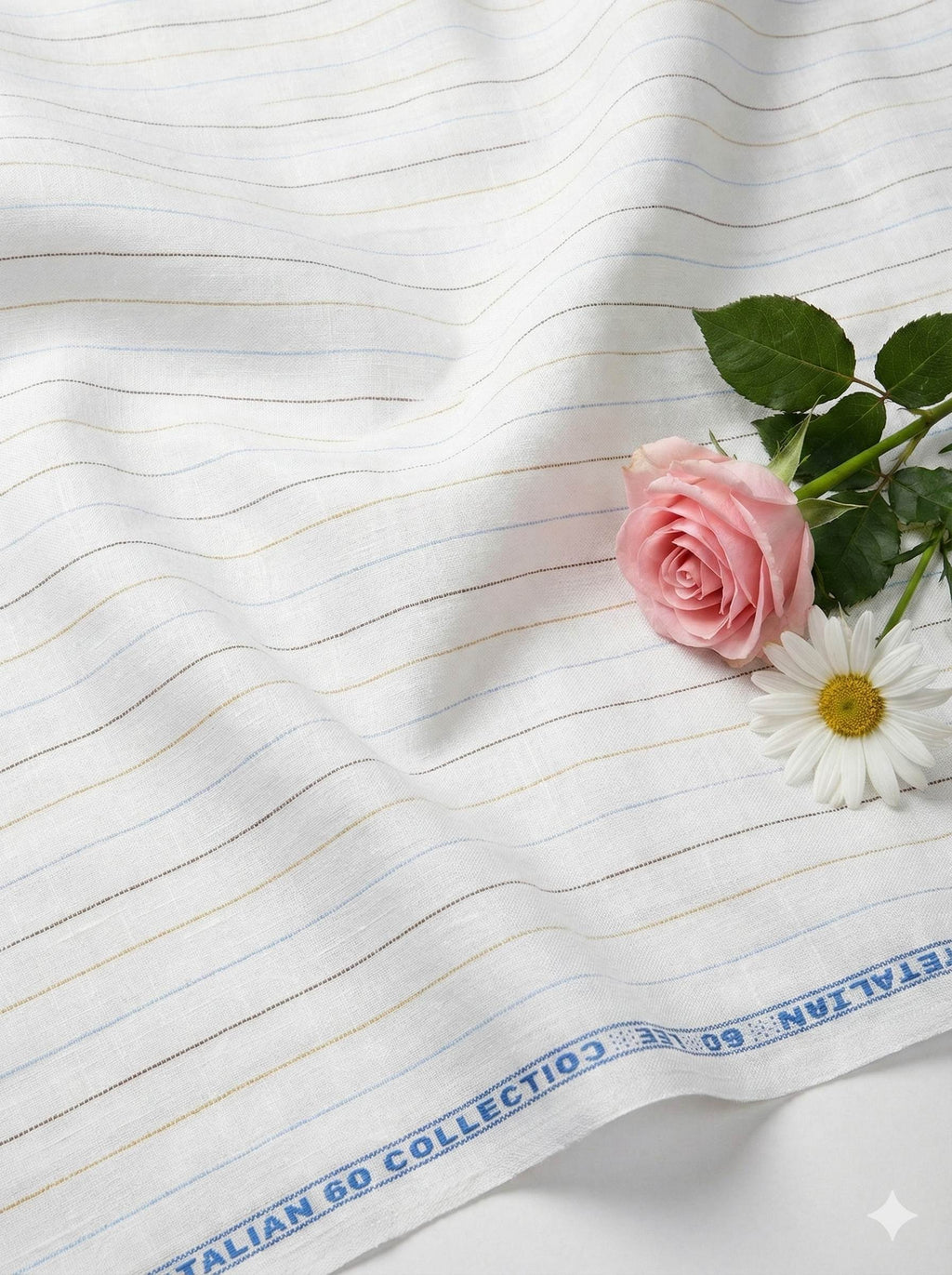 Off white Cotton Linen Fabric with Sky Blue, Mustard Yellow & Brown Horizontal Lines (60 lea)
