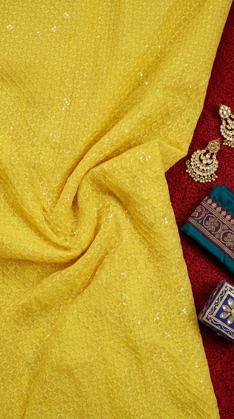 Vibrant Yellow Schiffli Rayon fabric with Big Width 58"