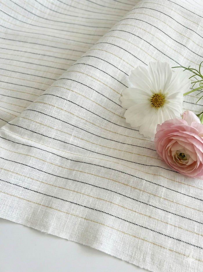 Off white Cotton Linen Fabric with Blue & Mustard Yellow Horizontal Lines (60 lea)