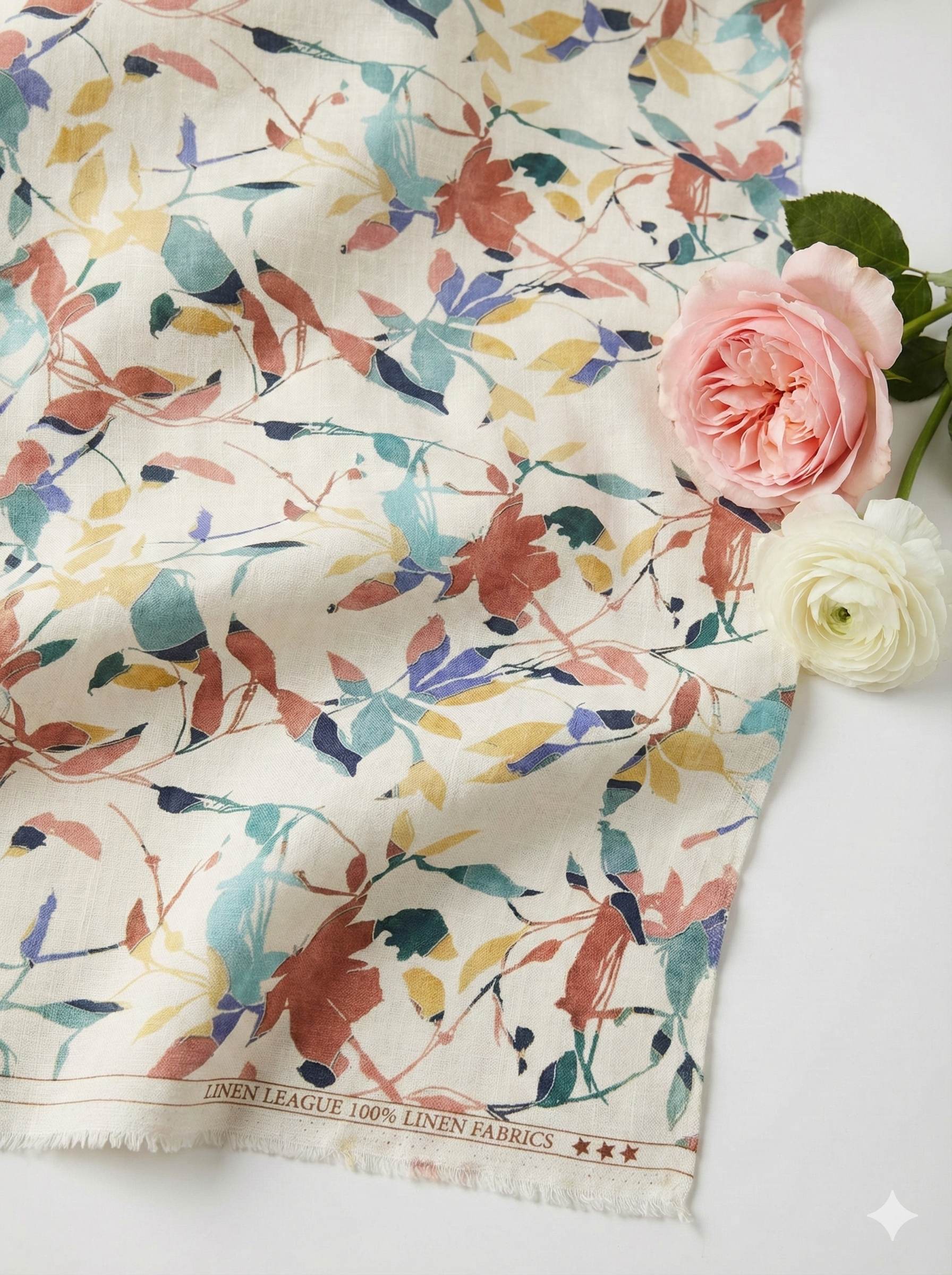 Off white Digital Printed 100% Pure Natural Linen Fabric (0% Cotton)