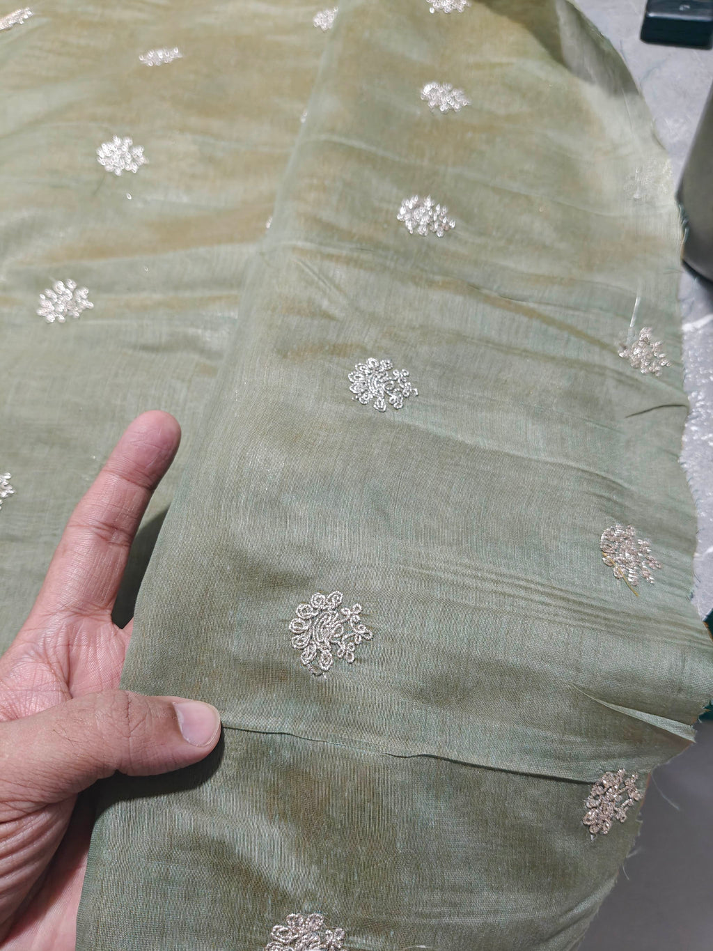 Golden Glitter Thread Embroidered Motifs on Olive Green Chanderi Silk Fabric