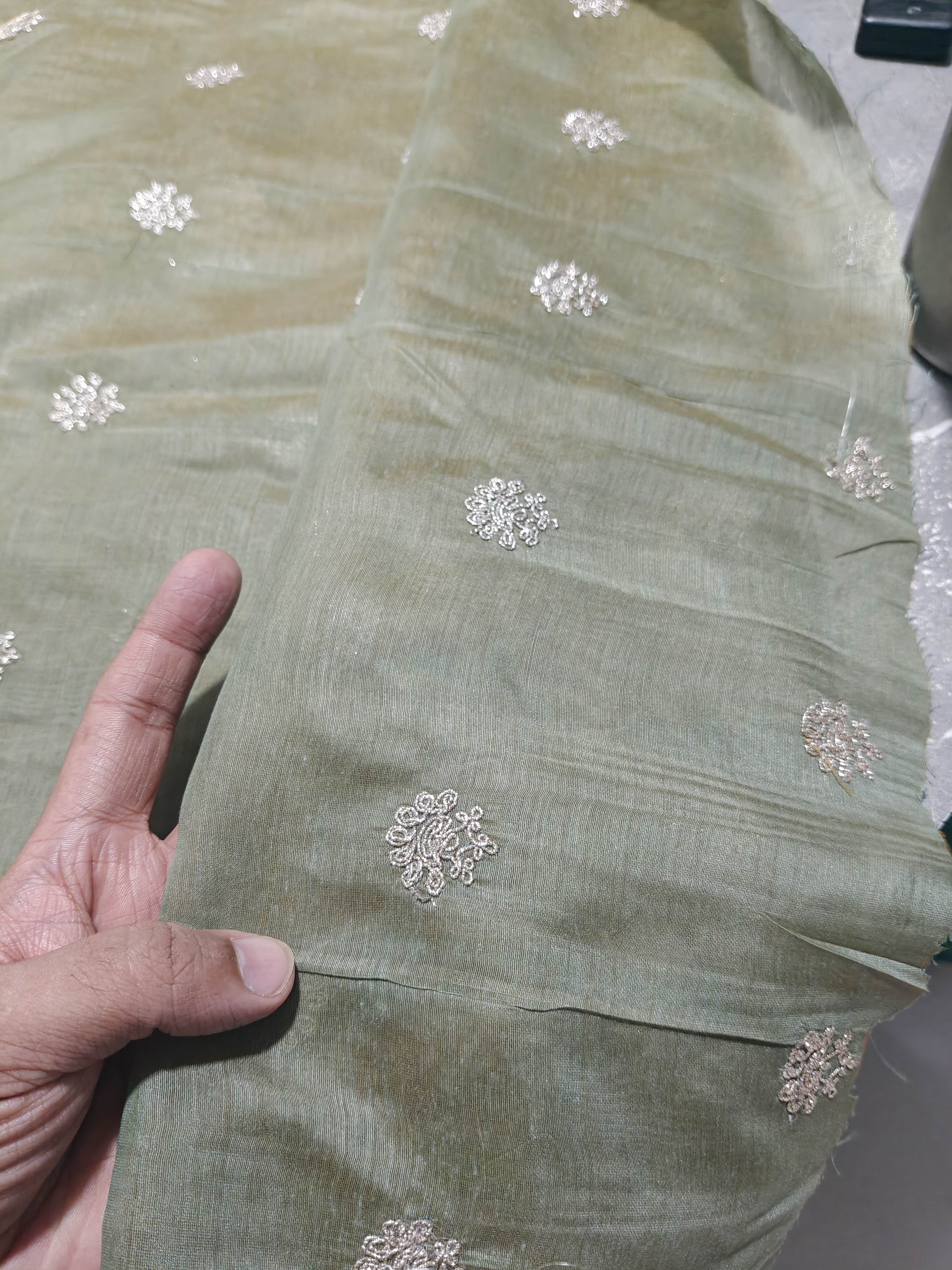 Golden Glitter Thread Embroidered Motifs on Olive Green Chanderi Silk Fabric