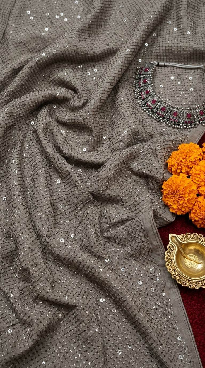 Charcoal Ash Grey Schiffli Rayon fabric with Big Width 58"