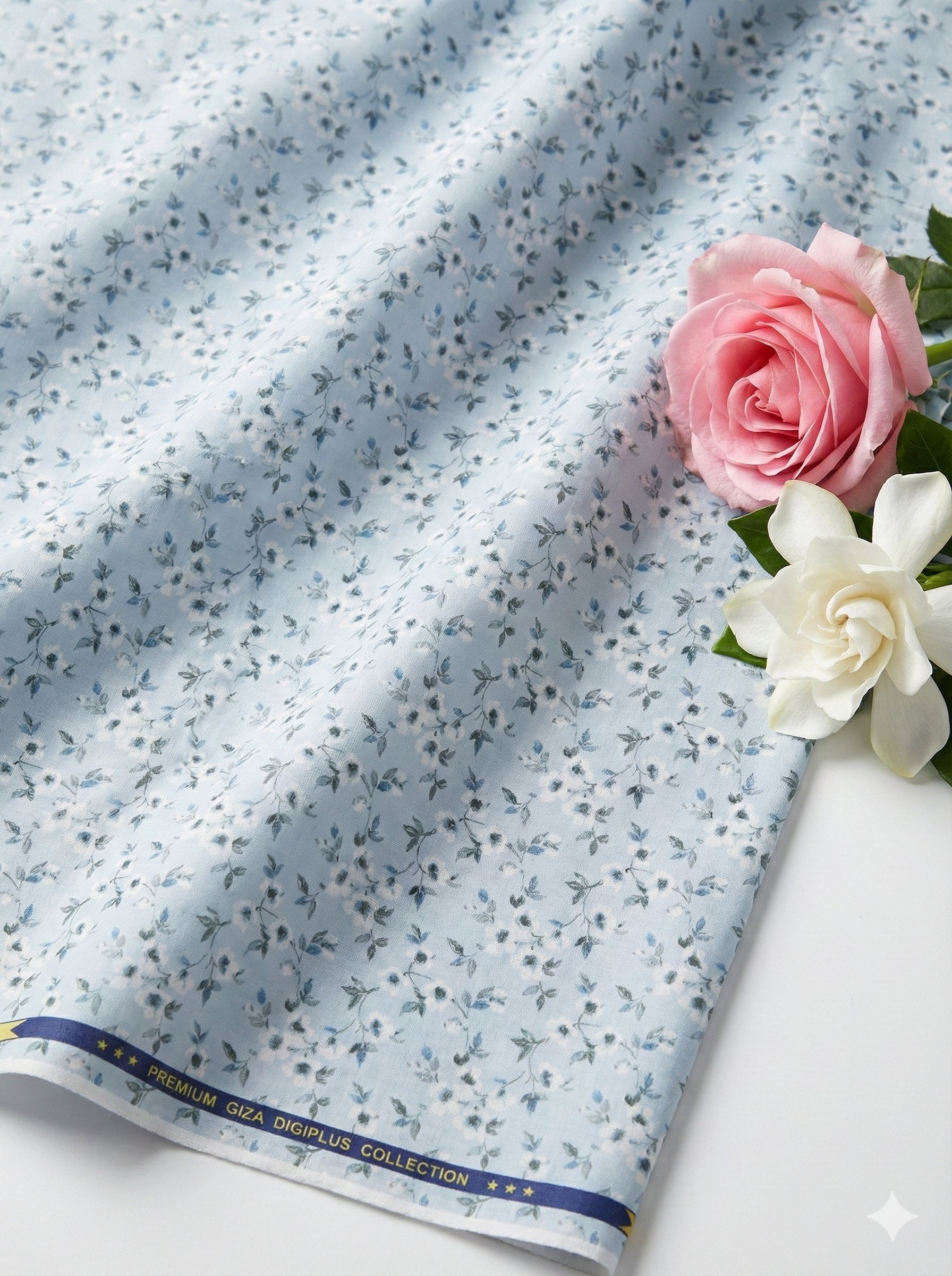 Cool Blue Glossy Floral Print 100% Pure Cotton Fabric