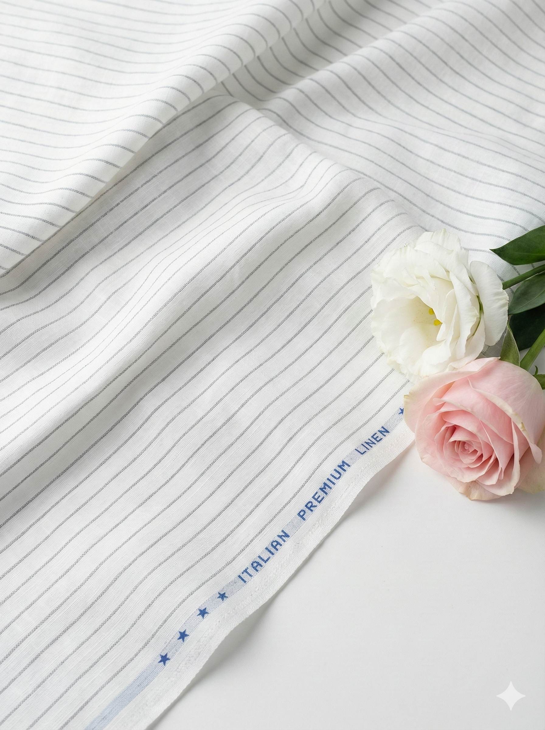 White with Grey Horizontal Lines Premium Cotton Linen Fabric (60 Lea)