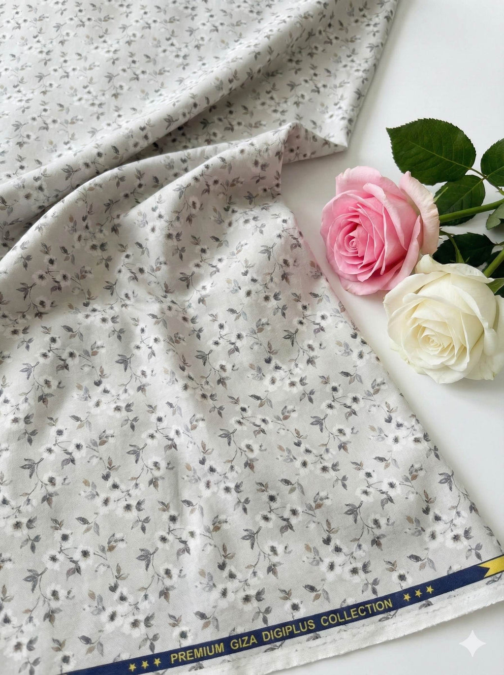 White Glossy Floral print pure cotton Fabric