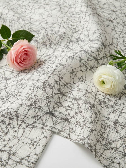 Greyish Blue Digital printed Off White 100% Pure Linen Fabric (0% Cotton)