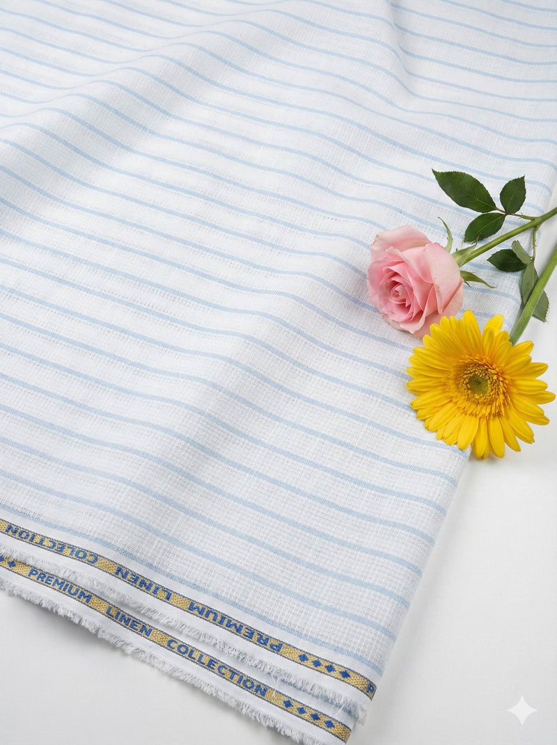 Premium White Cotton Linen Fabric with Blue Horizontal Lines (60 lea)